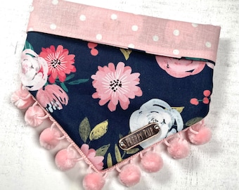 Snap On...REVERSIBLE Pink and Navy Floral Dog Bandana with OPTIONAL pom trim