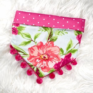 Snap On...REVERSIBLE Pink and Blue Floral Dog Bandana...optional pom trim
