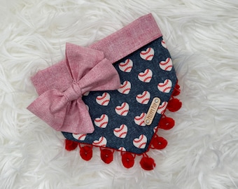 Snap On...REVERSIBLE Red Heart Baseball Dog Bandana...optional pom trim