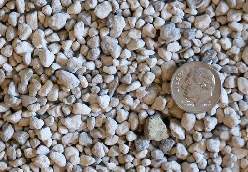 May include: Close-up of a pile of small, light gray pumice stones. A U.S. dime coin is placed among the stones for size comparison. The stones have a rough, porous texture, and vary in size and shape.