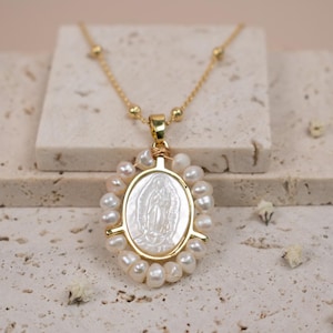 Mother of pearl Virgen de Guadalupe necklace, 18k Gold filled Virgin Mary necklace, religious jewelry, catholic necklace, Mexican jewelry