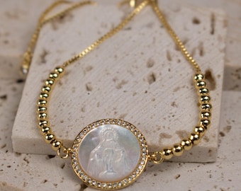 Miraculous Medal Bracelet Gold Plated, Mother of Pearl Catholic Bracelet, Virgin Mary Jewelry, Confirmation Gift, Virgin Mary Bracelet