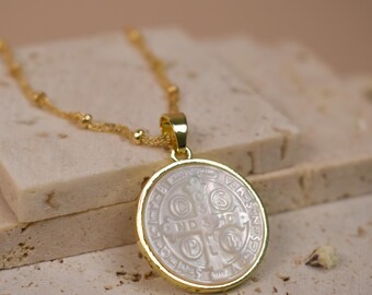 Mother of pearl St Benedict medal, St Benedict necklace, religious necklace, Catholic gifts, San Benito Abad, protection amulet