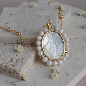 Gold filled Miraculous medal necklace, Virgin Mary necklace, mother of pearl miraculous necklace confirmation gift Catholic gift mother Mary