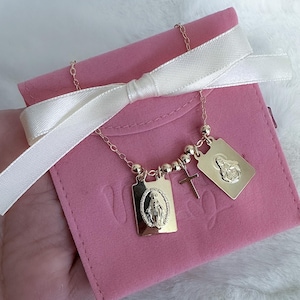 Gold filled scapular necklace, miraculous medal, sacred heart, religious jewelry, Virgin Mary necklace, escapulario, catholic jewelry