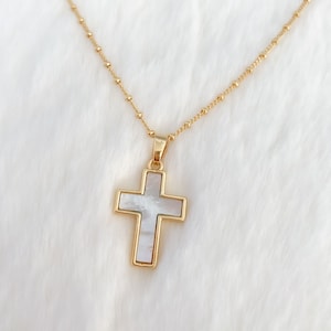 Mother of pearl cross necklace, gold cross necklace, cross for women, religious jewelry, catholic necklace, religious gift