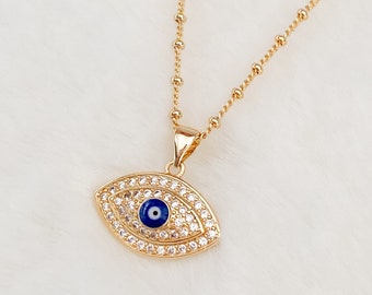 Collar de ojo turco azul bañado en oro de 18 k, joyería de ojo turco, collar de protección, collar de amuleto, ojo turco, tercer ojo, mal de ojo