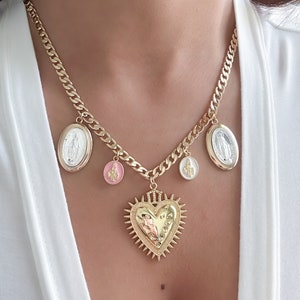 18k Gold filled Sacred Heart necklace, Virgin Mary necklace, miraculous medal chunky necklace, religious jewelry, catholic gift