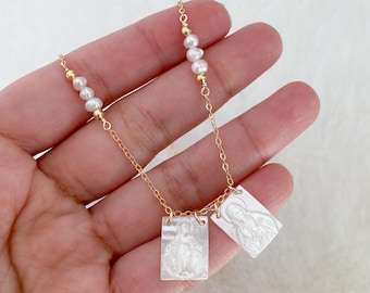 Mother of pearl scapular necklace, Virgin Mary necklace, religious jewelry, catholic necklace, sacred heart, escapulario,
