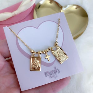 Gold filled scapular necklace, escapulario, Our Lady of Mount Carmel,Sacred Heart, Virgin Mary necklace, religious jewelry, catholic jewelry