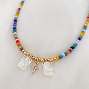 Beaded scapular necklace, catholic gifts, Virgin Mary necklace, Our lady of Mount Carmel, Sacred Heart, religious jewelry, escapulario