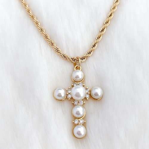 18k Gold Filled Pearl Cross Necklace Cross Necklace for Etsy