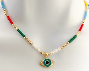 Beaded evil eye necklace, evil eye choker, evil eye charm, evil eye jewelry, protection amulet, third eye, Turkish jewelry, greek jewelry