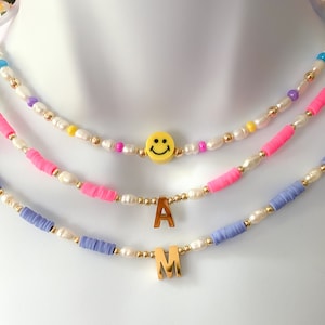 Smiley Face necklace, Happy face choker necklace, colorful letter necklace, initial jewelry, pearl choker necklace, beaded necklace