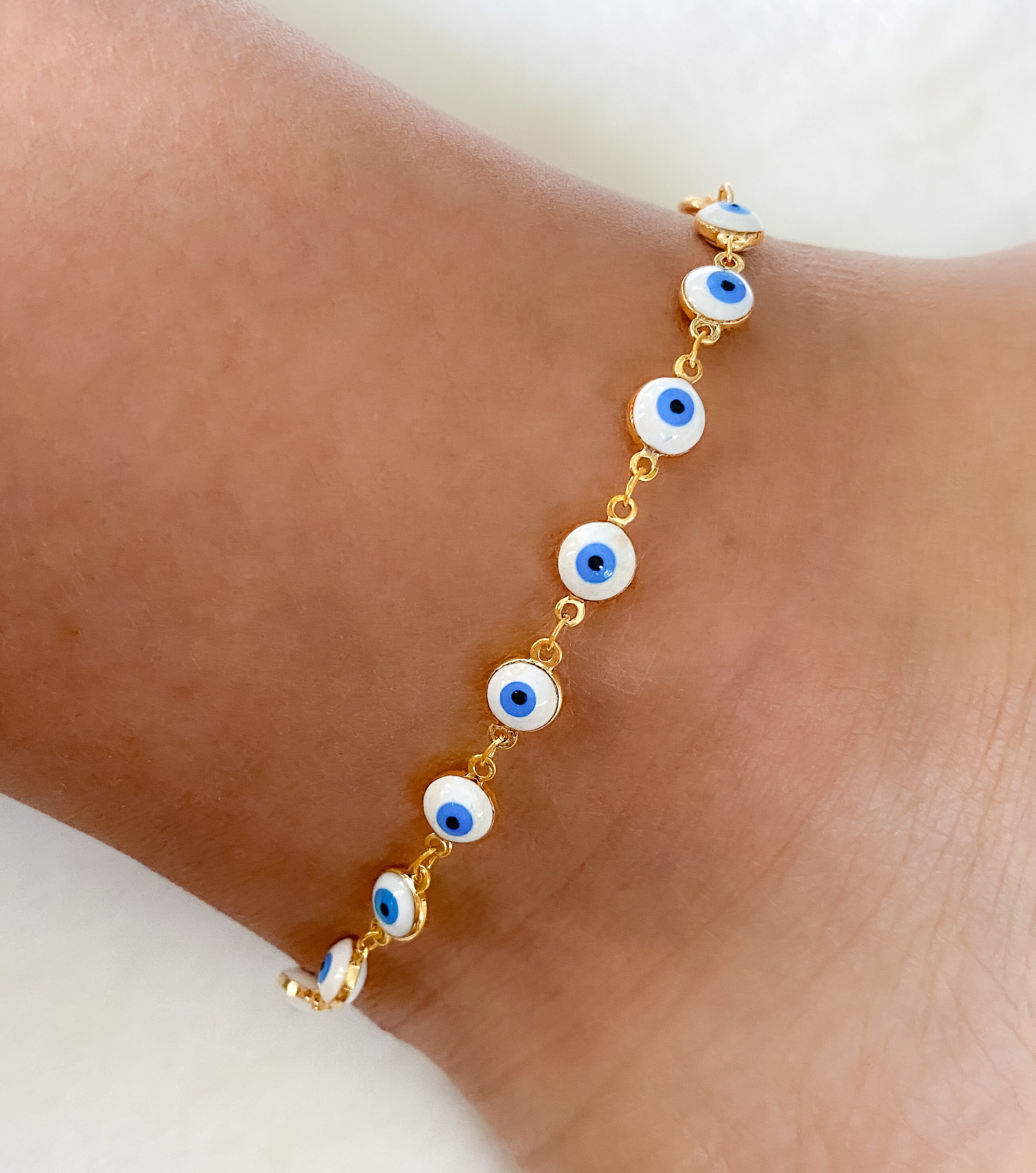 Seven Multicolor Evil Eye Anklet in 14K Gold