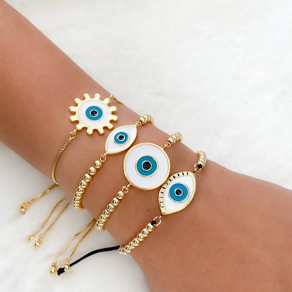 Pulsera blanca de mal de ojo, joyería de mal de ojo, encanto de mal de ojo, pulsera  de cuentas, joyería griega, joyería turca, mal de ojo, ojo turco -   México