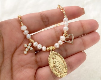 Miraculous Medal necklace, Virgin Mary necklace, religious jewelry, catholic jewelry, pearl beaded necklace, catholic necklace,