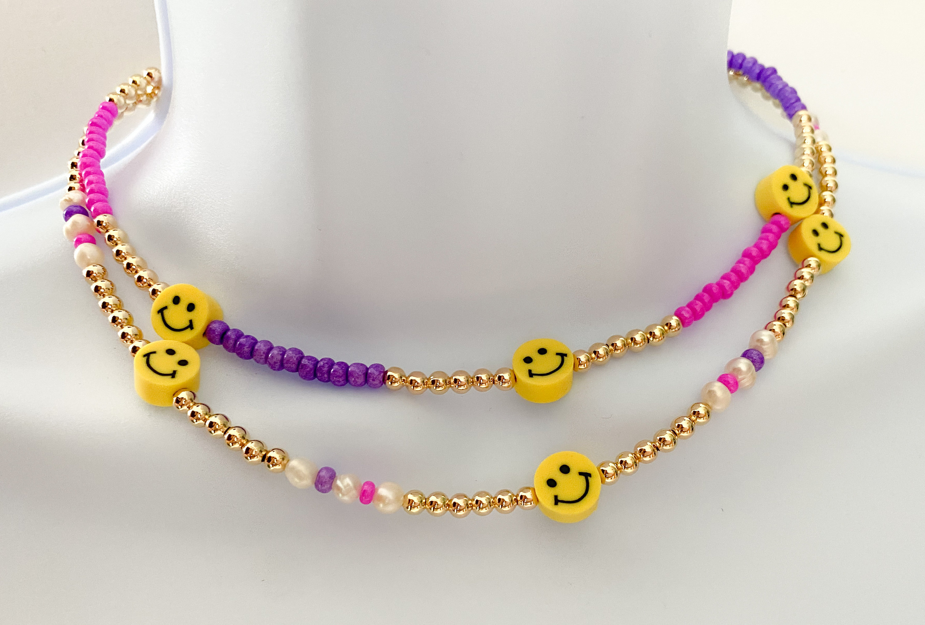 Pearl X Smiley Face Bead Necklace | ESSENTIALS JEWELS