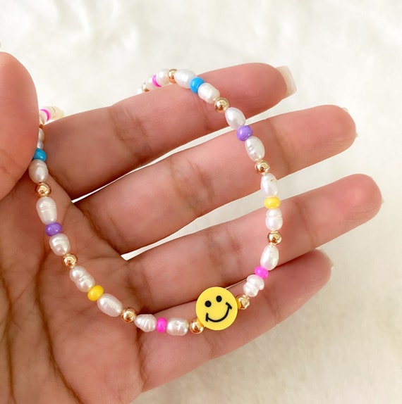White Pearl Bead Necklace with Smiley Face Accents
