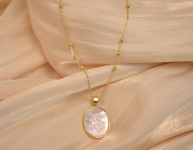 Perlmutt St. Michael Erzengel Halskette, St. Michael Erzengel Medaille, San Miguel Arcangel Halskette, Schutz Halskette religiös Bild 5