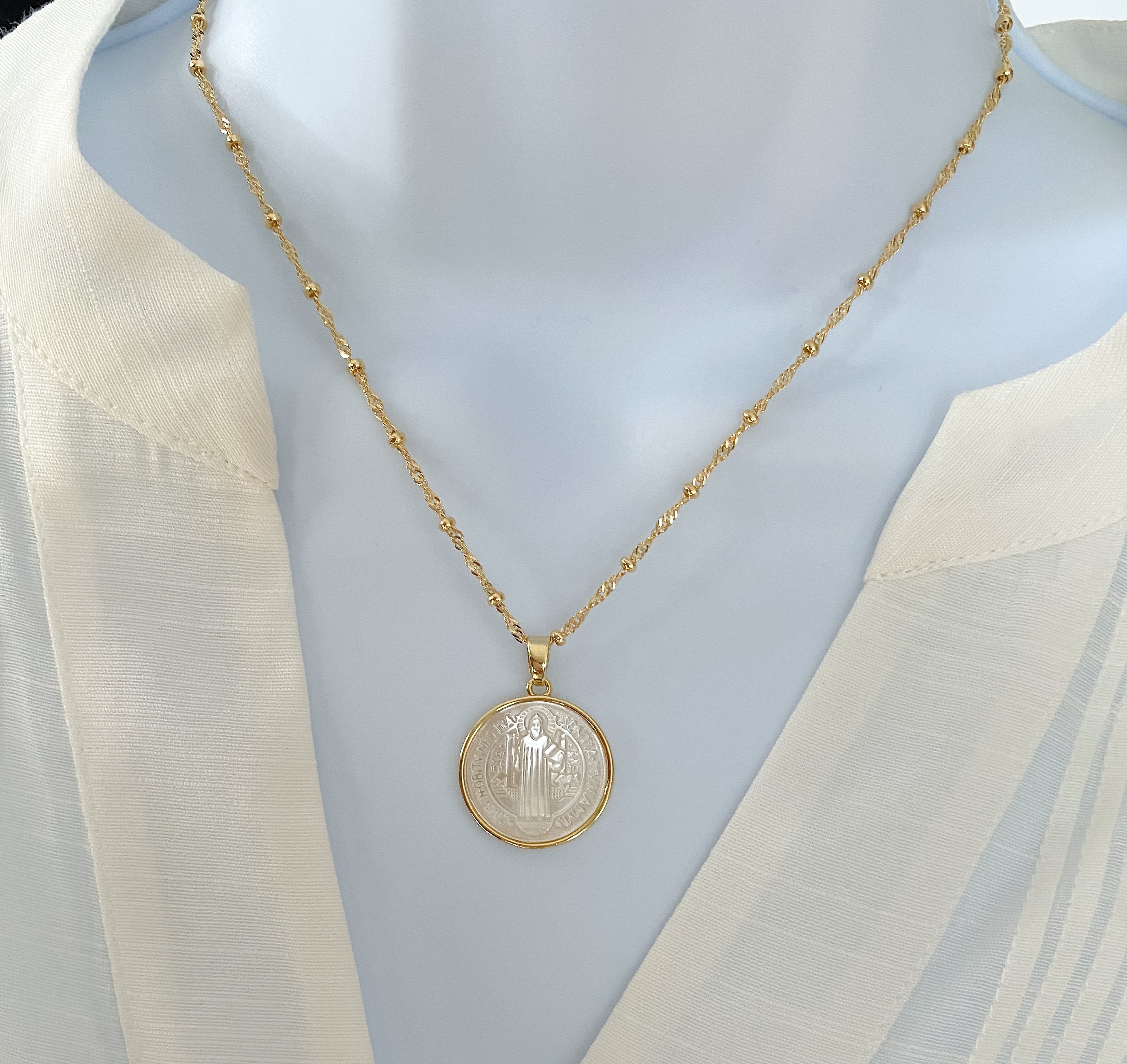 Mother of Pearl St Benedict Medal Necklace 18k Gold Filled St - Etsy