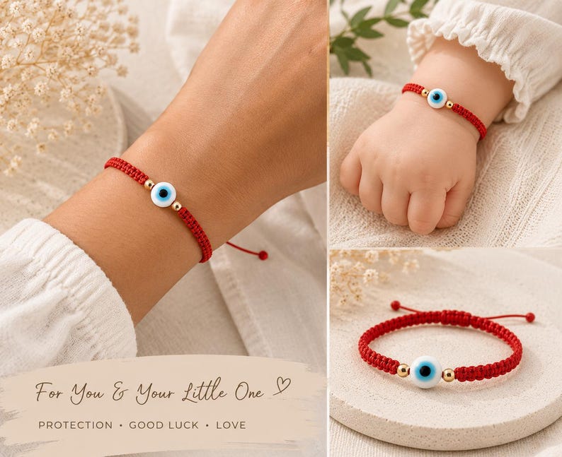 K&ouml;nnte beinhalten: Ein rotes Kordelarmband mit einer zentralen Evil-Eye-Perle in Blau, Wei&szlig; und Schwarz, flankiert von zwei kleinen goldfarbenen Perlen. Das Armband verf&uuml;gt &uuml;ber einen verstellbaren Schiebeknotenverschluss. Der Text lautet: For You & Your Little One.