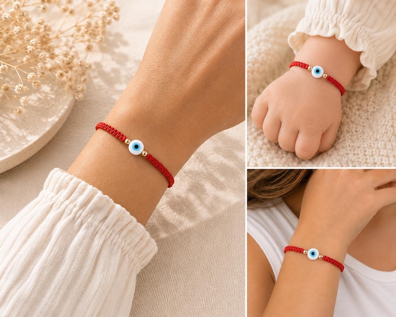 K&ouml;nnte beinhalten: Ein rotes Armband aus geflochtener Kordel mit einem zentralen, runden Nazar-Auge-Anh&auml;nger in Wei&szlig;, Blau und Schwarz, flankiert von zwei kleinen goldfarbenen Metallperlen. Das verstellbare Schnurarmband ist an verschiedenen Handgelenken zu sehen.