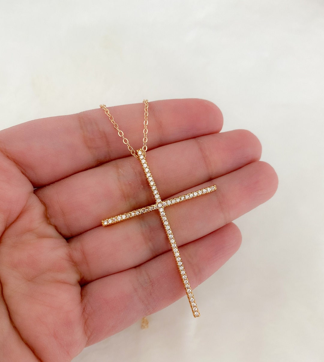 Gold Cross Necklace, Cubic Zirconia Cross Pendant, Cross Charm, Cross