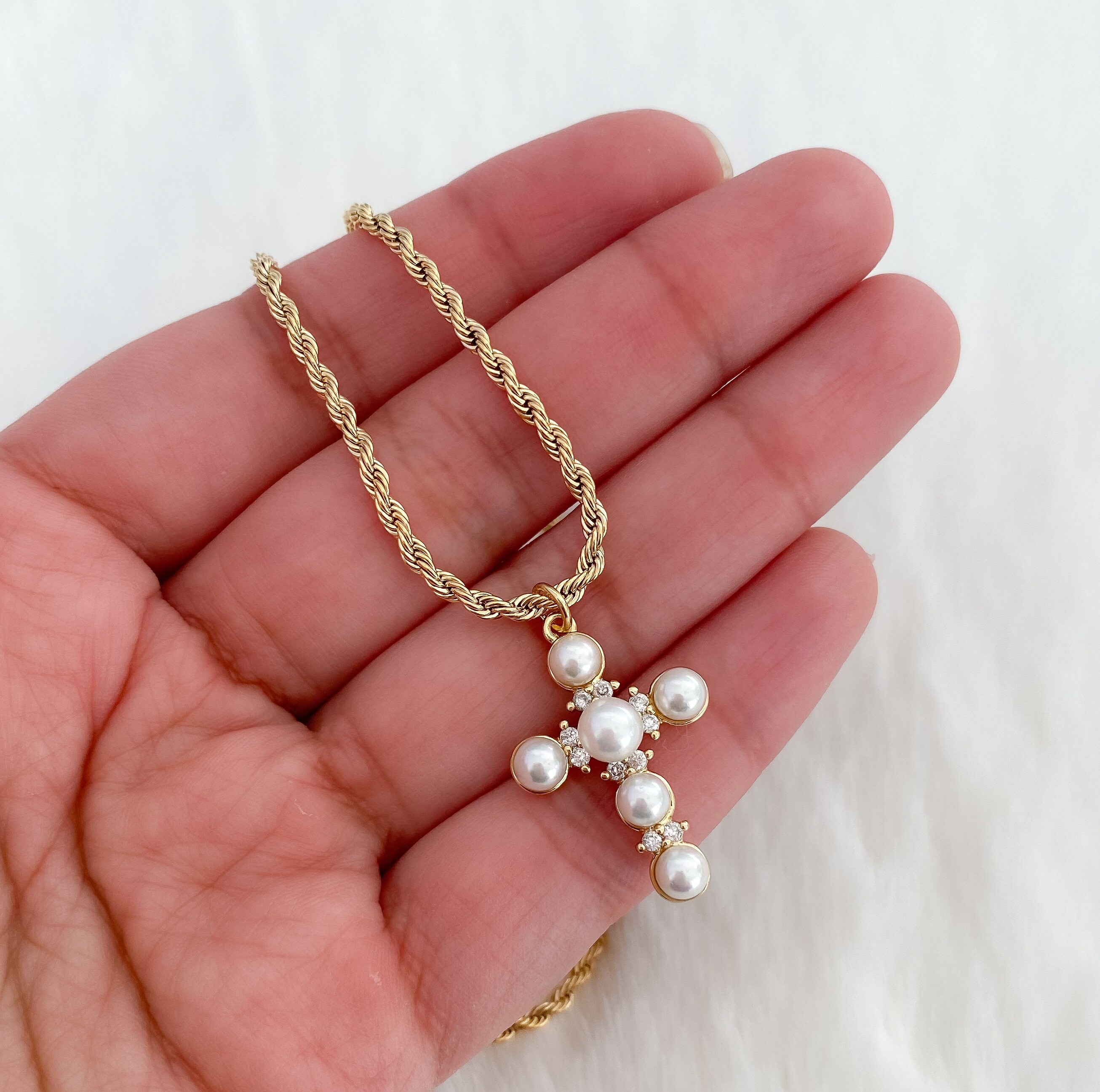 18k Gold Filled Pearl Cross Necklace Cross Necklace for Etsy