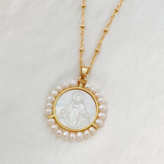 Mother of pearl virgin mary sales necklace