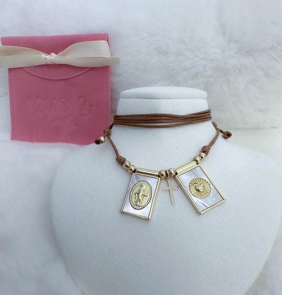 Mother of Pearl Scapular Necklace Miraculous Medal Sacred Heart Virgin Mary Jewelry Escapulario Religious Jewelry Catholic Jewelry Etsy