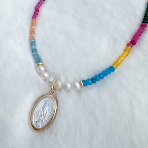 Beaded Miraculous medal necklace, Virgin Mary necklace, religious jewelry, catholic necklace, beaded necklace, scapular medal