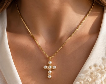 Collar de perlas y cruz dorado, collar de cruz para mujer, collar con dije de perlas doradas, regalos católicos, joyería nupcial de perlas, joyería de cruz