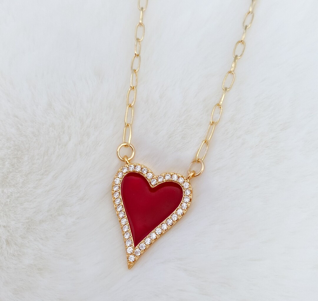 Red Enamel Heart Necklace Red Heart Charm Heart Jewelry Etsy