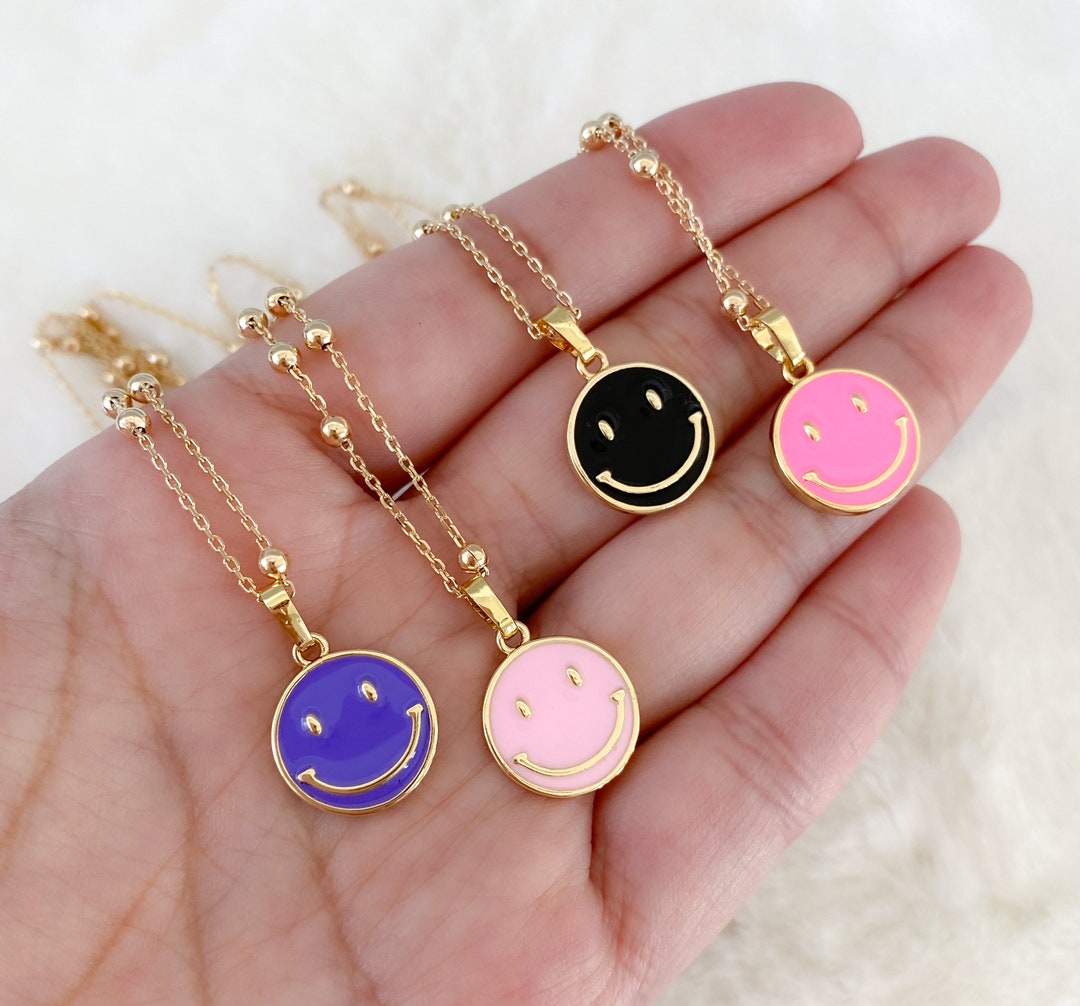 18k Gold Filled Smiley Face Necklace, Happy Face Necklace, Enamel
