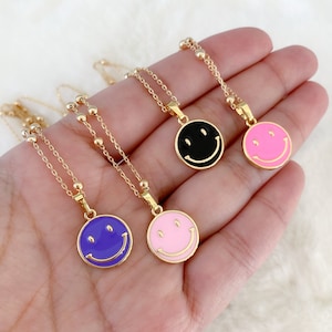 18k Gold filled Smiley face necklace, happy face necklace, enamel smiley face medal, happy face jewelry, smiley face jewelry, emoji necklace