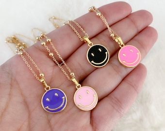 18k Gold filled Smiley face necklace, happy face necklace, enamel smiley face medal, happy face jewelry, smiley face jewelry, emoji necklace