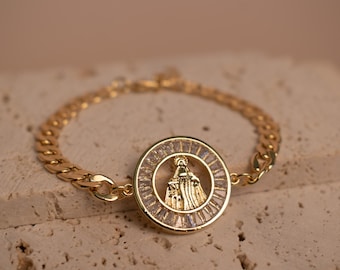 18K Gold Filled Miraculous Medal Bracelet, Virgin Mary Religious Jewelry