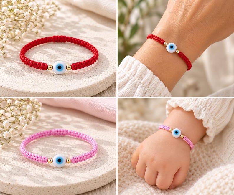K&ouml;nnte beinhalten: Ein rotes geflochtenes Kordelarmband und ein rosa geflochtenes Kordelarmband, jeweils mit einer zentralen wei&szlig;-blau-schwarzen Schutzaugenperle, die von zwei kleinen goldfarbenen Metallkugeln flankiert wird. Die Armb&auml;nder sind einzeln und getragen abgebildet.