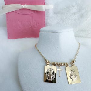 Médaille Pendentif Scapulaire Vierge Du Carmen Sacré Cœur Argent 925 Or 18 Carats
