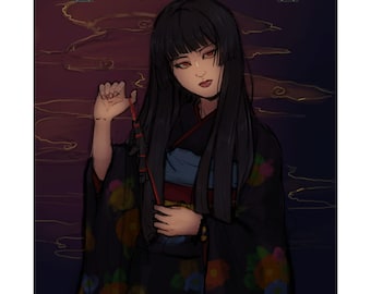 May include: A digital art print featuring a woman in a black kimono with floral patterns. The woman has long black hair and red eyes. The background has a dark, cloudy design. The print is held by two black binder clips.