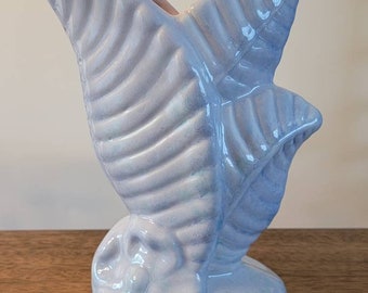 VINTAGE VASE GONDER Art Pottery Blue Vase Triple Leaf Design Art Deco Signed Flowers Palm Fronds Fern Leaves Bluish Lilac Coloring