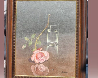 Framed Artwork of Rose and Water Glass Signed by Salvator. Vintage Art Piece