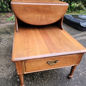 Mid-Century Modern Two-Tier Drop Leaf Expandable Side Table with Drawer