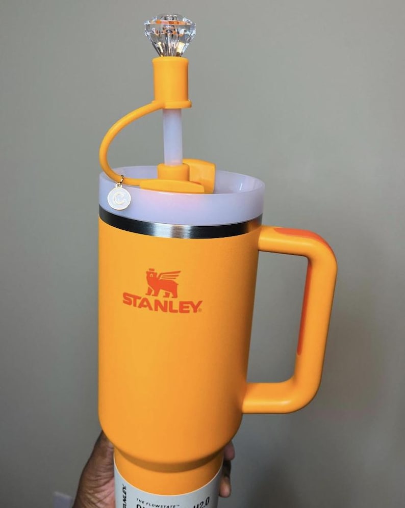 May include: A bright orange Stanley Flowstate H2.0 mug with a handle and a clear, gem-shaped topper. The mug has a white rim and a silver band. The Stanley logo is printed in orange. The mug is designed for cold beverages.