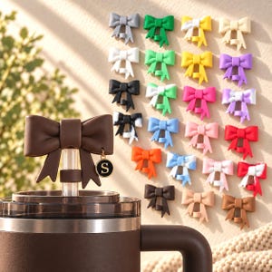 May include: A brown bow-shaped straw topper with a small circular charm featuring the letter S, attached to a clear straw on a brown tumbler. In the background, a collection of twenty-four bow-shaped straw toppers in various colors.