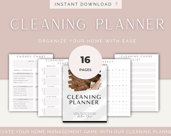 May include: A printable cleaning planner with 16 pages. The cover features a wooden background with a hand holding a cleaning cloth. The text "Cleaning Planner" is in black and white.