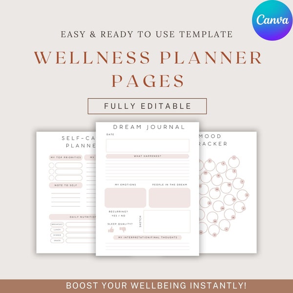 Digitaler Wellness Canva Planner|Self Care Printable Planner|Achtsamkeit Journal|Stimmungstracker|Journal für psychische Gesundheit