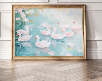 May include: A framed painting of a group of pink ducks swimming in a blue pond with green lily pads. The painting is set against a white wall with wainscoting and the text "Southern Darling Flair" above it.