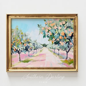 Florida Orange Grove Art Print, Whimsical Southern Landscape, Grandmillenial Style, Pastel Pink Home Decor, Printable Digital Download